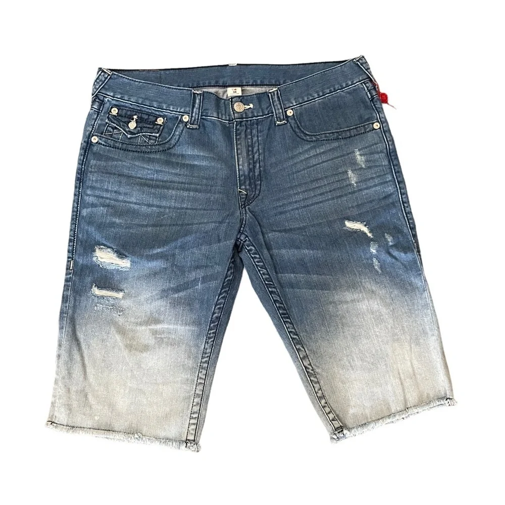 True Religion Men's Cut-Off Jean Shorts w/ Flaps & Rips in Moving Indigo size 38